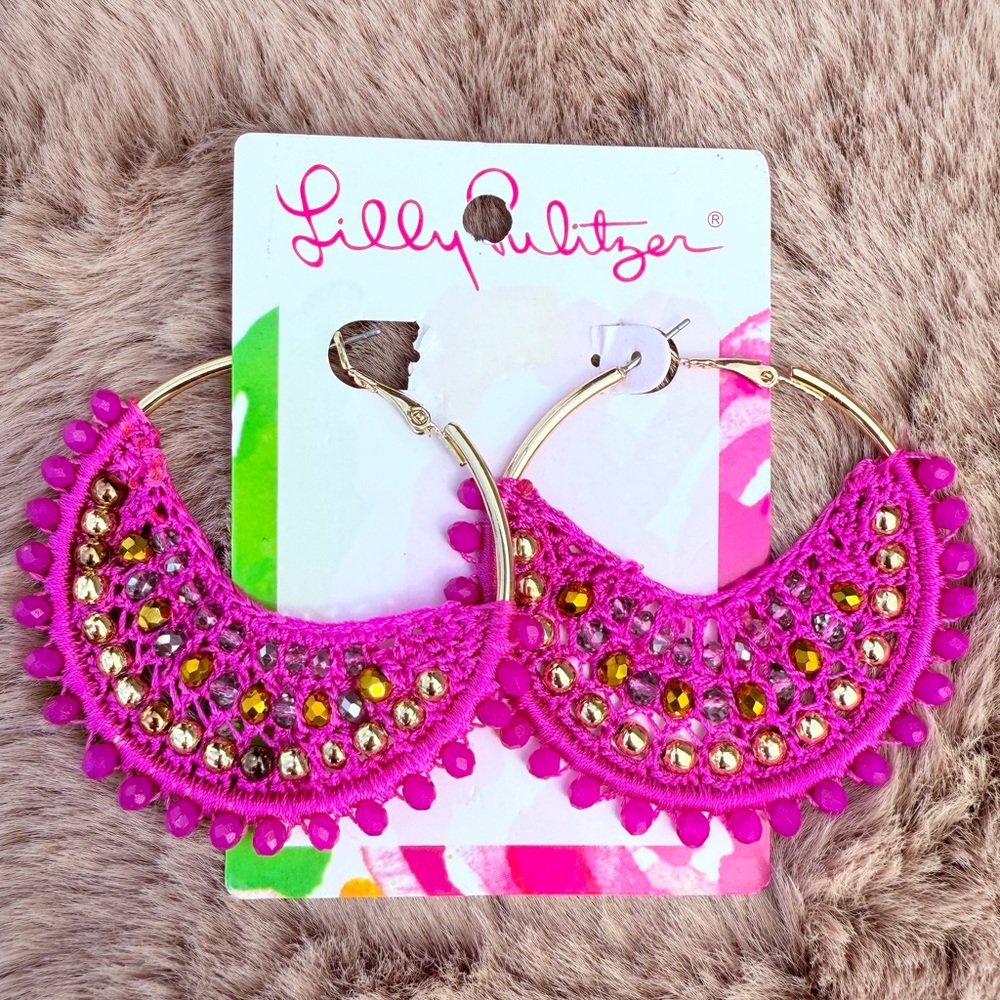 Lilly Pulitzer Bougainvillea Pink Beaded Gold Tone Hoop Earrings NEW
